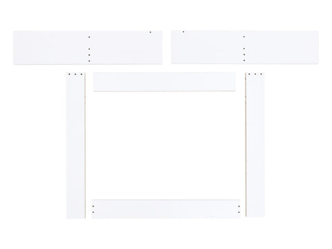 Fünf weiße, rechteckige Bretter aus dem Wickelaufsatz weiß von KraftKids (gerade Ausführung, passend für HEMNES Kommode 160 cm) sind auf weißem Grund angeordnet - ideal für den Aufbau einer Wickelstation oder die Aufwertung der Kommode.