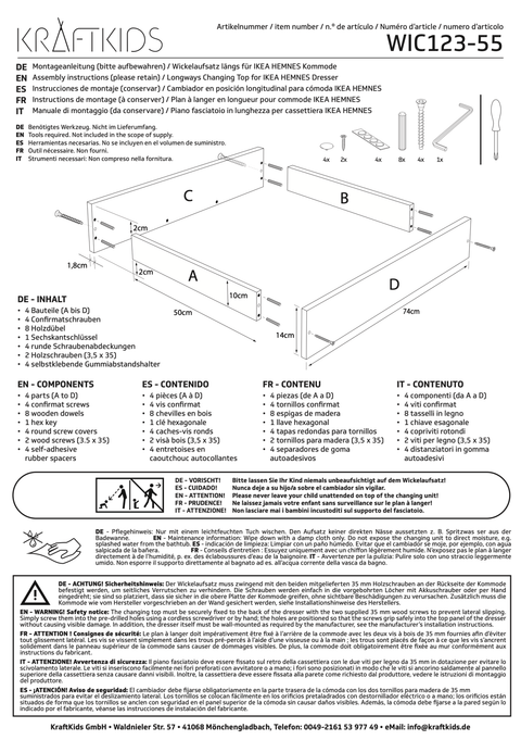 Die KraftKids Montageanleitung für den Wickelaufsatz weiß zum Quer-Wickeln passend für breite und schmale HEMNES Kommode enthält beschriftete Teile, Schritt-für-Schritt-Diagramme, Maße, mehrsprachige Anleitungen, Sicherheitshinweise und Kontaktinformationen.
