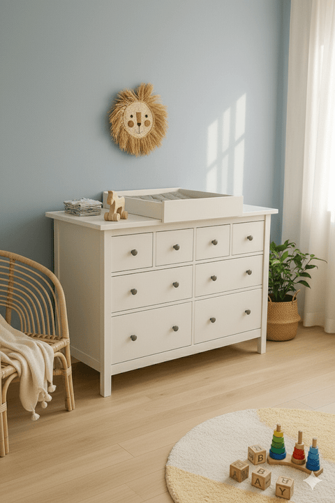 Eine weiße HEMNES-Kommode mit dem KraftKids Wickelaufsatz weiß zum Quer-Wickeln steht vor einer blauen Kinderzimmerwand, die von einem Löwengesicht gekrönt wird. In der Nähe stehen ein Korbstuhl, eine Topfpflanze, Holzspielzeug und ein runder Teppich.
