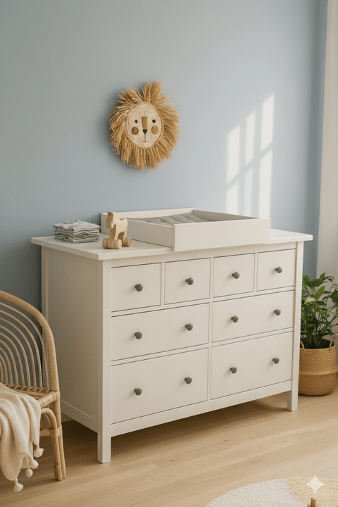 In einem hellen, sonnendurchfluteten Raum sorgen ein KraftKids Wickelaufsatz weiß zum Quer-Wickeln auf einer HEMNES Kommode mit neun Schubladen, ordentlich gefaltete Kleidung, ein Wanddekor mit Löwengesicht, ein Rattanstuhl und eine Topfpflanze für platzsparenden Stil.