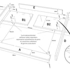 Explosionszeichnung von KraftKids Wickelaufsatz weiß für 160 cm breite HEMNES Kommode mit Blende, zeigt Holzbretter A, C, D, E sowie rechteckige Teile B1 und B2; Maße, Bohrungen und Gummipuffer sind markiert.