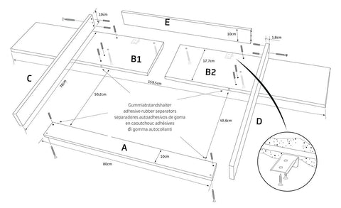 Explosionszeichnung von KraftKids Wickelaufsatz weiß für 160 cm breite HEMNES Kommode mit Blende, zeigt Holzbretter A, C, D, E sowie rechteckige Teile B1 und B2; Maße, Bohrungen und Gummipuffer sind markiert.