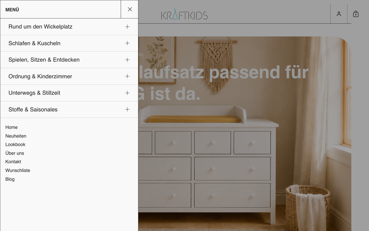 The new KraftKids navigation with clearly grouped product worlds