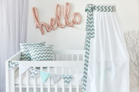 Bedhemel chevron lichtgrijs en mint