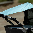 Eine Nahaufnahme eines Kinderwagens mit dem KraftKids Sonnensegel "weiße Punkte auf Mint" aus Baumwolle bietet Ihrem Baby an sonnigen Tagen einen zuverlässigen Sonnenschutz im Freien.