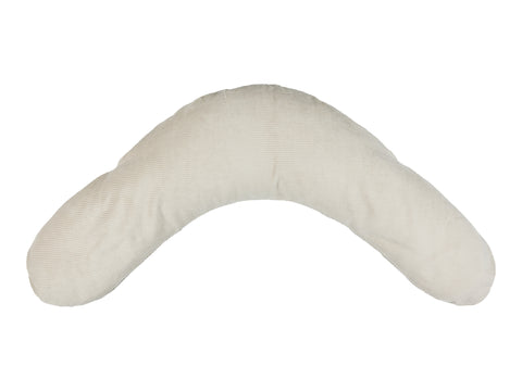 Das KraftKids qualitäts Stillkissen Cord Breitcord Beige Taupe ist ein hellbeiges, ergonomisch geformtes U-förmiges Stillkissen mit weichem, strukturiertem Stoff, von oben auf weißem Hintergrund dargestellt.